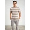 Erkek T-shirt Çizgili Triko Dokuma Bisiklet Yaka Tişört - Bej