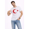 Erkek T-shirt Kısa Kol Bisiklet Yaka Ay Yıldız Bayrak Baskılı Tişört - Beyaz
