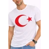 Erkek T-shirt Kısa Kol Bisiklet Yaka Ay Yıldız Bayrak Baskılı Tişört - Beyaz