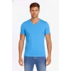 Erkek T-shirt V Yaka Slim Fit Dar Kesim Likralı Tişört Günlük Basic Body - Açık Mavi