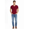 Erkek T-shirt V Yaka Slim Fit Dar Kesim Likralı Tişört Günlük Basic Body - Bordo