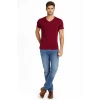 Erkek T-shirt V Yaka Slim Fit Dar Kesim Likralı Tişört Günlük Basic Body - Bordo
