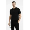 Erkek Triko Kumaş Yakalı Düğmesiz Açık Yaka Fitilli Kısa Kollu Regular Fit Tişört T-shirt - Siyah