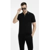 Erkek Triko Kumaş Yakalı Düğmesiz Açık Yaka Fitilli Kısa Kollu Regular Fit Tişört T-shirt - Siyah
