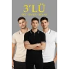 Erkek Triko Tişört Fermuar Yakalı Kısa Kol T-Shirt 3’lü Set Bej-Beyaz-Siyah