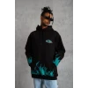 Erkek Üç İplik İçi Pamuklu Alev Baskılı Kapüşonlu Sweatshirt - Siyah