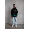 Erkek Üç İplik İçi Pamuklu Alev Baskılı Kapüşonlu Sweatshirt - Siyah