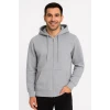 Erkek Üç İplik Kapüşonlu Tam Fermuarlı Kanguru Çepli Sweatshirt Hoodie - Gri