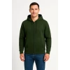 Erkek Üç İplik Kapüşonlu Tam Fermuarlı Kanguru Çepli Sweatshirt Hoodie - Haki