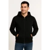 Erkek Üç İplik Kapüşonlu Tam Fermuarlı Kanguru Çepli Sweatshirt Hoodie - Siyah