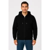 Erkek Üç İplik Kapüşonlu Tam Fermuarlı Kanguru Çepli Sweatshirt Hoodie - Siyah