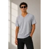 Erkek V Yaka Basic Tişört Kısa Kol Yazlık Regular Fit T-shirt - Gri