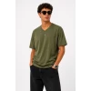 Erkek V Yaka Basic Tişört Kısa Kol Yazlık Regular Fit T-shirt - Haki