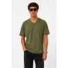 Erkek V Yaka Basic Tişört Kısa Kol Yazlık Regular Fit T-shirt - Haki
