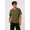Erkek V Yaka Basic Tişört Kısa Kol Yazlık Regular Fit T-shirt - Haki