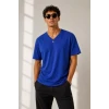 Erkek V Yaka Basic Tişört Kısa Kol Yazlık Regular Fit T-shirt - Saks Mavisi