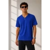 Erkek V Yaka Basic Tişört Kısa Kol Yazlık Regular Fit T-shirt - Saks Mavisi