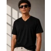 Erkek V Yaka Basic Tişört Kısa Kol Yazlık Regular Fit T-shirt - Siyah