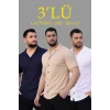 Erkek Waffle Dokuma Açık Yakalı Düğmeli Regular Kalıp 3’lü Gömlek Seti - Bej, Beyaz, Lacivert