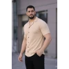 Erkek Waffle Kumaş Kısa Kollu Düğmeli Açık Yaka Regular Fit Gömlek - Bej