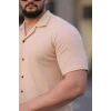 Erkek Waffle Kumaş Kısa Kollu Düğmeli Açık Yaka Regular Fit Gömlek - Bej