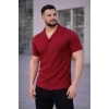 Erkek Waffle Kumaş Kısa Kollu Düğmeli Açık Yaka Regular Fit Gömlek - Kırmızı