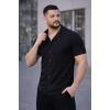 Erkek Waffle Kumaş Kısa Kollu Düğmeli Açık Yaka Regular Fit Gömlek - Siyah