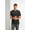 Erkek Wafıl Kumaş Tişört Regular Kalıp Bisiklet Yaka Baskılı Günlük Basic T-shirt - Siyah