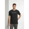 Erkek Wafıl Kumaş Tişört Regular Kalıp Bisiklet Yaka Baskılı Günlük Basic T-shirt - Siyah