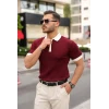 Erkek Yaka Ve Kol Detaylı Fermuar Yakalı Çizgi Desen Kısa Kollu Triko Tişört