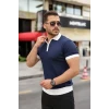 Erkek Yaka Ve Kol Detaylı Fermuar Yakalı Çizgi Desen Kısa Kollu Triko Tişört