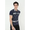Erkek Yakalı Slim Fit Baskılı T-shirt - Lacivert