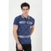 Erkek Yakalı Slim Fit Baskılı T-shirt - Mavi
