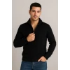 Erkek Yarım Fermuarlı Triko Kazak – Selanik Örgü, Dik Yaka, Pamuklu Dokuma, Regular Fit Uzun Kollu Kışlık Model - Siyah
