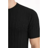 Erkek Yazlık Fitilli Triko Tişört Kısa Kol Bisiklet Yaka T-shirt - Siyah