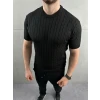Erkek Yazlık Triko Dokuma Tişört Kısa Kol Bisiklet Yaka Örgü Desenli T-shirt - Siyah