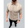 Erkek Yazlık Triko Dokuma Tişört Kısa Kol Polo Yaka T-shirt - Bej