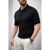 Erkek Yazlık Triko Dokuma Tişört Kısa Kol Polo Yaka T-shirt - Siyah