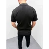 Erkek Yazlık Triko Saç Örgü Tişört Kısa Kol Polo Yaka Fermuarlı T-shirt - Siyah