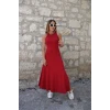 Kadın Arkadan Çapraz Detay Yuvarlak Yaka Maksi Viskon Elbise