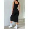 Kadın Askılı Kare Yakalı Önden Düğmeli Midi Kaşkorse Elbise