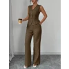 Kadın Askılı Önden Düğmeli Bluz Ve Pantolon Keten İkili Takım