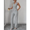 Kadın Askılı Önden Düğmeli Bluz Ve Pantolon Keten İkili Takım