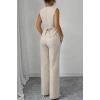 Kadın Askılı Önden Düğmeli Bluz Ve Pantolon Keten İkili Takım