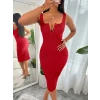 Kadın Askılı Yuvarlak V Yakalı Kaşkorse Midi Elbise
