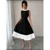 Kadın Bisiklet Yaka Çift Renk Çan Etek Detay Krep Kumaş Maxi Boy Elbise