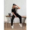 Kadın Bisiklet Yaka Kısa Kol Leopar Desen Bluz Ve Pantolon İkili Takım