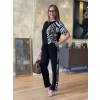 Kadın Bisiklet Yaka Kısa Kol Leopar Desen Bluz Ve Pantolon İkili Takım