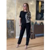 Kadın Bisiklet Yaka Kısa Kol Leopar Desen Bluz Ve Pantolon İkili Takım