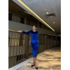 Kadın Bisiklet Yaka Vatkalı Manşet Detay Kadife Kumaş Midi Boy Elbise
